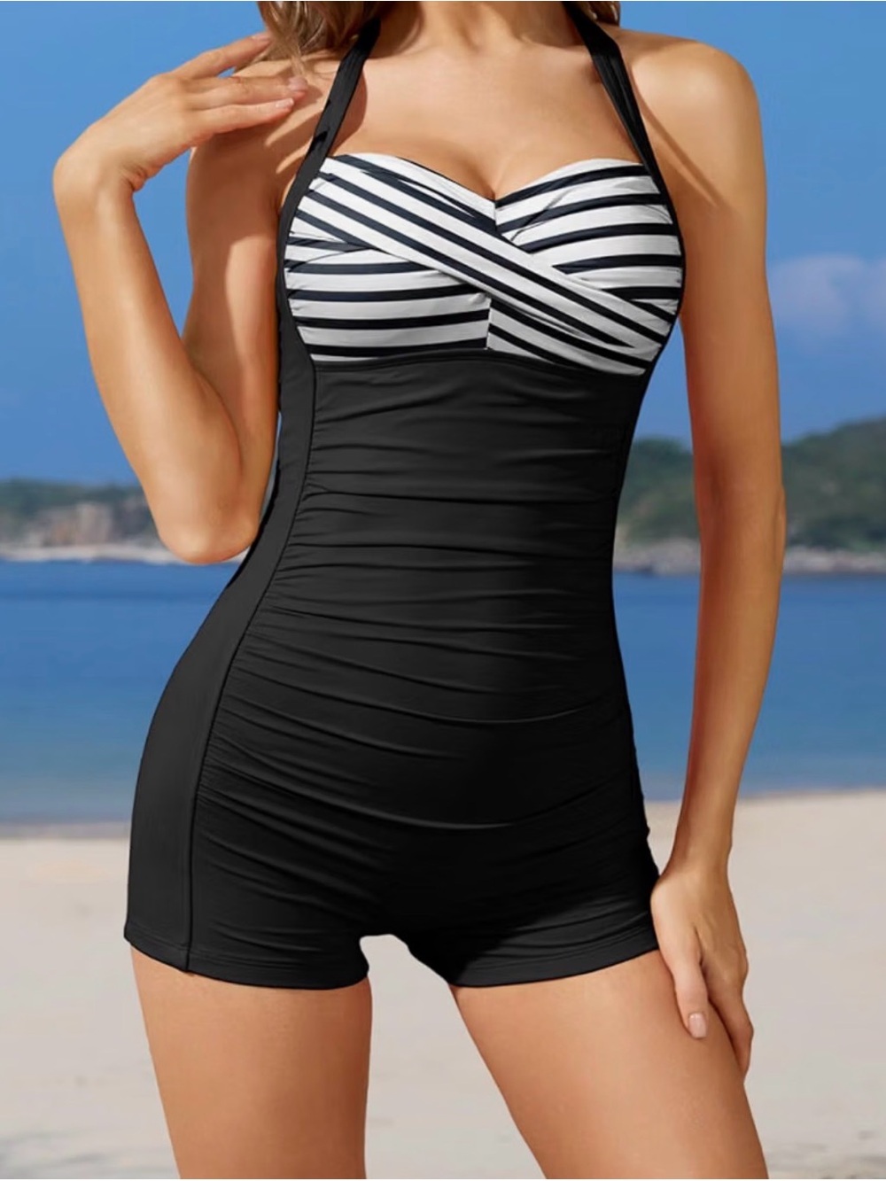 Tempt Me Tummy Control Striped Bust Black Halter Boyshort One-Piece Swimsuit